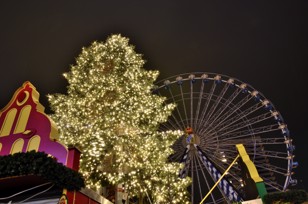 Lonely illuminated Christmas tree at night. The Ferris wheel is abandoned.