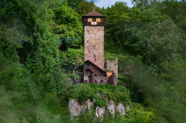 Dauchstein Castle is located on the opposite side of the Neckar from the former Obrigheim nuclear power plant. The inhabited tower is the last part of the castle ruins. 
