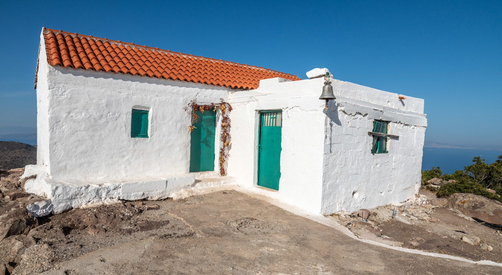 Chapel on the summit of the highest mountain on the island of Aegina at 532m above sea level. Wonderful view of the Saronic Gulf and as far as Athens on a clear day
