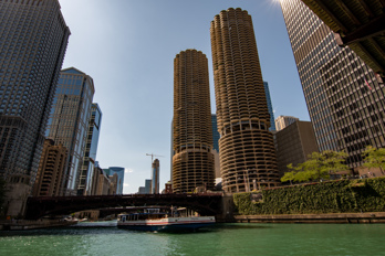 The two corn cobs (Marina City) from the Riverwalk.
State Street, Chicago, Illinois.
