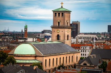 The Church of Our Lady (Vor Frue Kirke) from the Round Tower (Rundetaarn), an astronomical tower almost 40 meters high in the center of Copenhagen. 