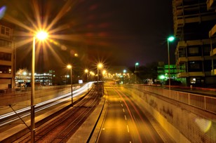 Long time exposure of a curved street at night