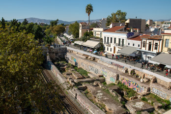 Excavation sites between the railroad line and the road, photographed from the upper floor of the Stoa of Attalos. 