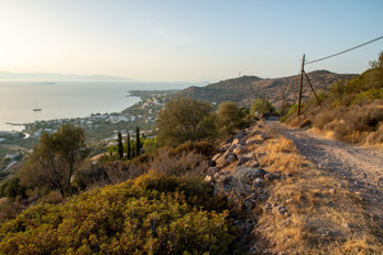 View from a dirt road from Marathonas beach to Pachia Rachi in nord-west direction to the beach of Marathonas on the island of Aegina.