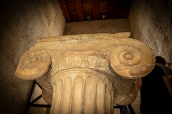 Close-up of a column spire in a staircase reconstructed Hellenistic portico on the Athenian Agora.