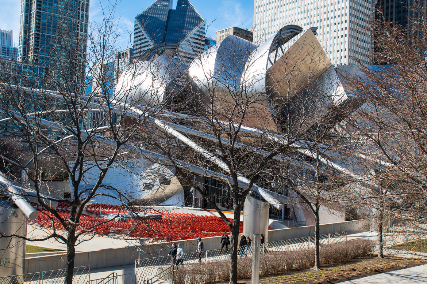 Jay Pritzker Pavilion behind trees