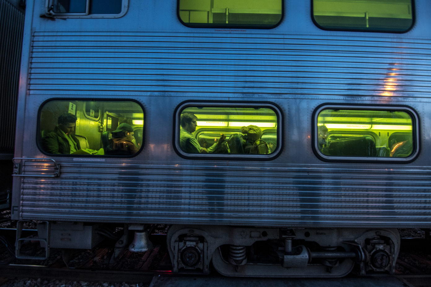 Metra Train from outside after sunset