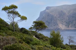 View from the uninhabited rocky island over the Canal des Fre to the cliffs of Mallorca