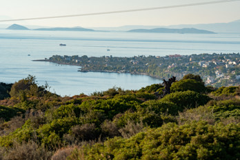 View from the valley of Eleonas, an uninhabited plateau on the island of Aegina, in north-west direction to the beach of Paralia Agios Vasilios and the settlement of Vrochia (Βροχεία).