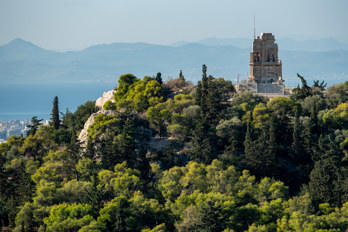 View from Acropolis (south west) to the tomb monument of Gaius Iulius Antiochus Epiphanes Philopappus on Mouseion Hill