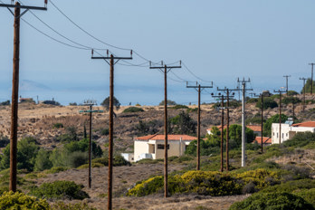 View from the car park below Mount Hellanion Oros towards Pachia Rachi on the island of Aegina.
