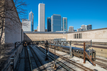 Rail yard in Grant Park Chicago with skyline