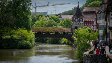 The Kocher River in Schwäbisch Hall with the Red Bridge and Tower