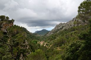 Green valley with rugged rocks