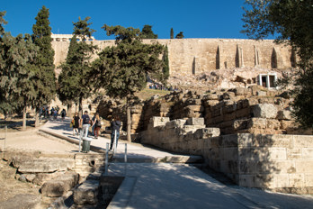 The path from the Acropolis Museum up to the Acropolis. On the left you can see the Corinthian columns above the Choragic Monument of Thrasyllos.