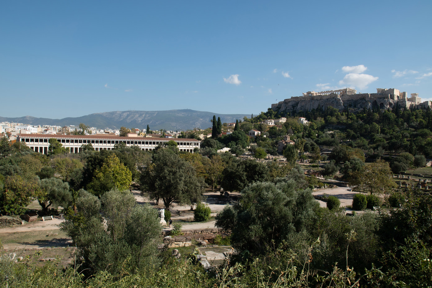 View from the Temple of Hephaestus over the ancient Agora of Athens. On the left is the Stoa of Attalos and on the right the Acropolis. 