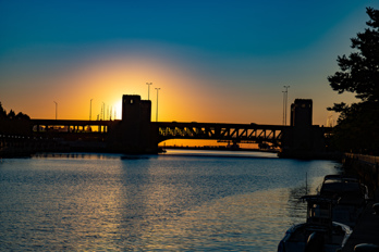 Silhouette of the Outer Drive Bridge in the morning sun