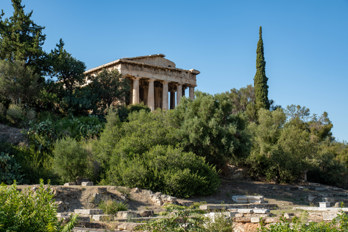 The temple of Hephaestus looms behind the trees. Taken from the Agora near the Strategeion. 