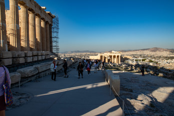 View from the Parthenon to the Propylaia, through which the tourists stream onto the Acropolis in the morning.