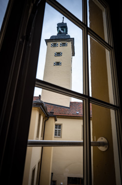 View from a window of Horneck Castle of the inner courtyard and the large castle keep.