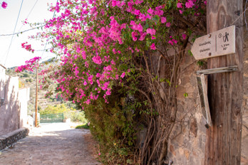 Signposting of the hiking trail into the valley of Eleonas, a high mountain valley with old olive trees in the village of Pachia Rachi. 