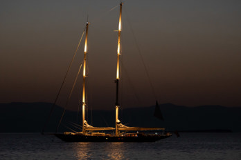 Sailing ship with two masts at anchor in the bay of Marathonas on the island of Aegina.