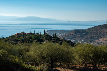 View from the outskirts of Pachia Rachi in west direction over fields. In the background the Saronic Gulf