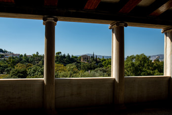 View over the Athenian Agora from the upper floor of the Stoa of Attalos. The Temple of Hephaestus in the background.