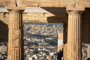 Close-up with a telephoto lens of the propylaeum, which forms the gate and the main entrance to the Acropolis