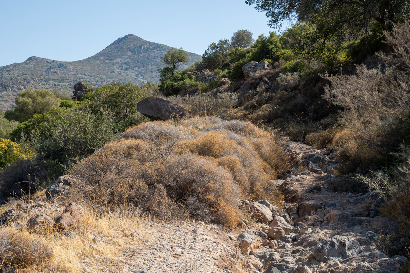 Hiking trail from Marathonas beach (B) into the valley of Eleonas, a high mountain valley with old olive trees. The path is wide at first, but later it becomes narrow and you need sturdy shoes.