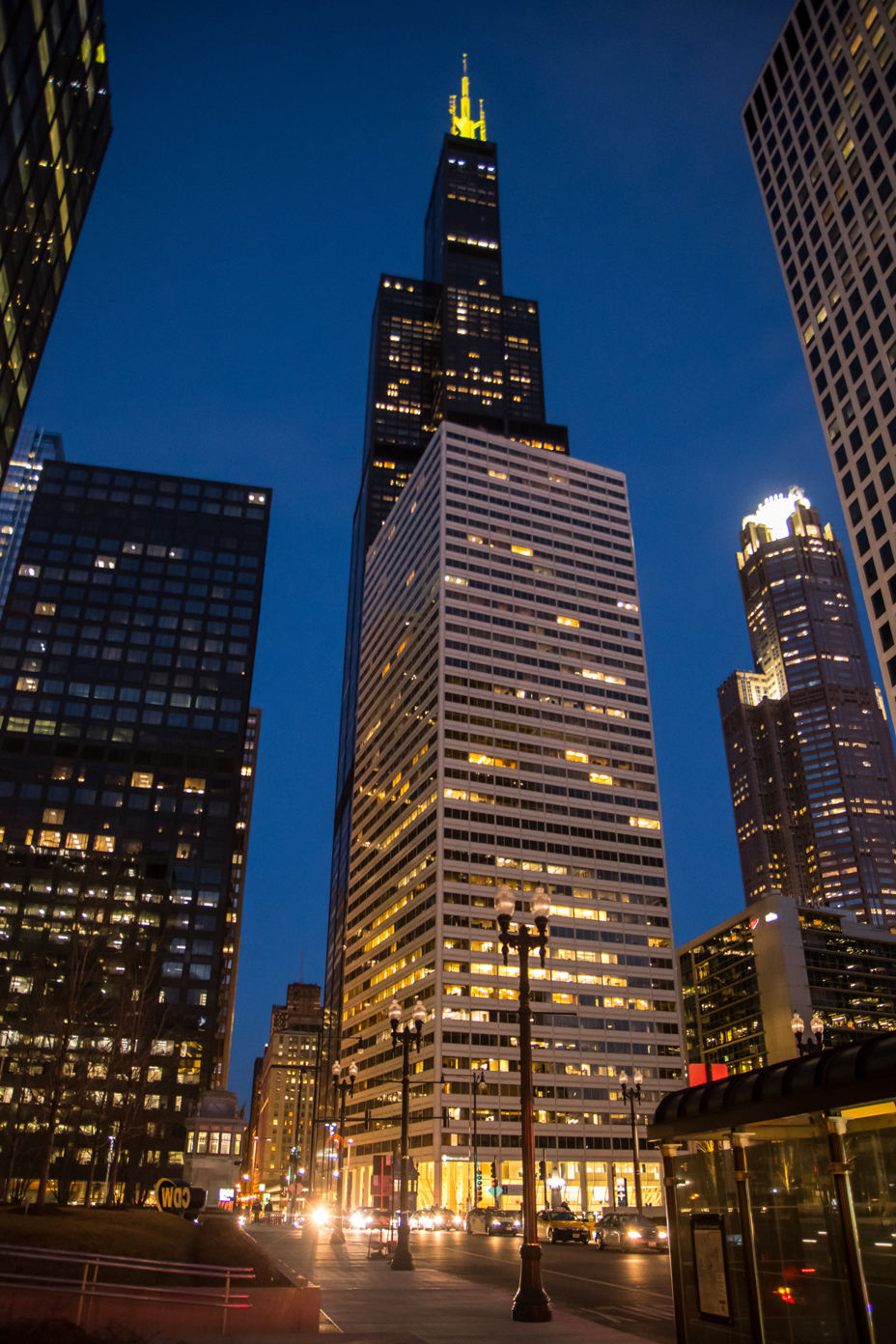 Willis Tower Chicago from Union Station by Night